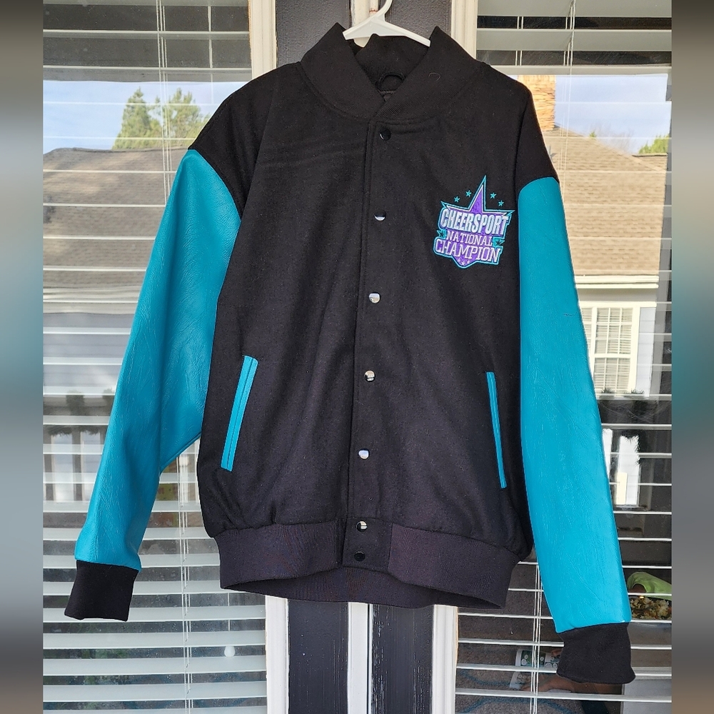 Cheersport National Champion varsity jacket black body and turquoise sleeve XXXL